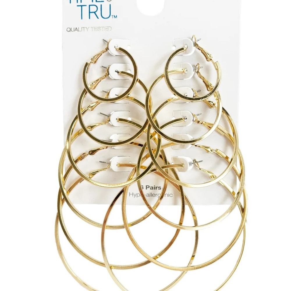Time and Tru Women's Gold Tone Graduated Wire Hoop Earring Set, 6-Piece
